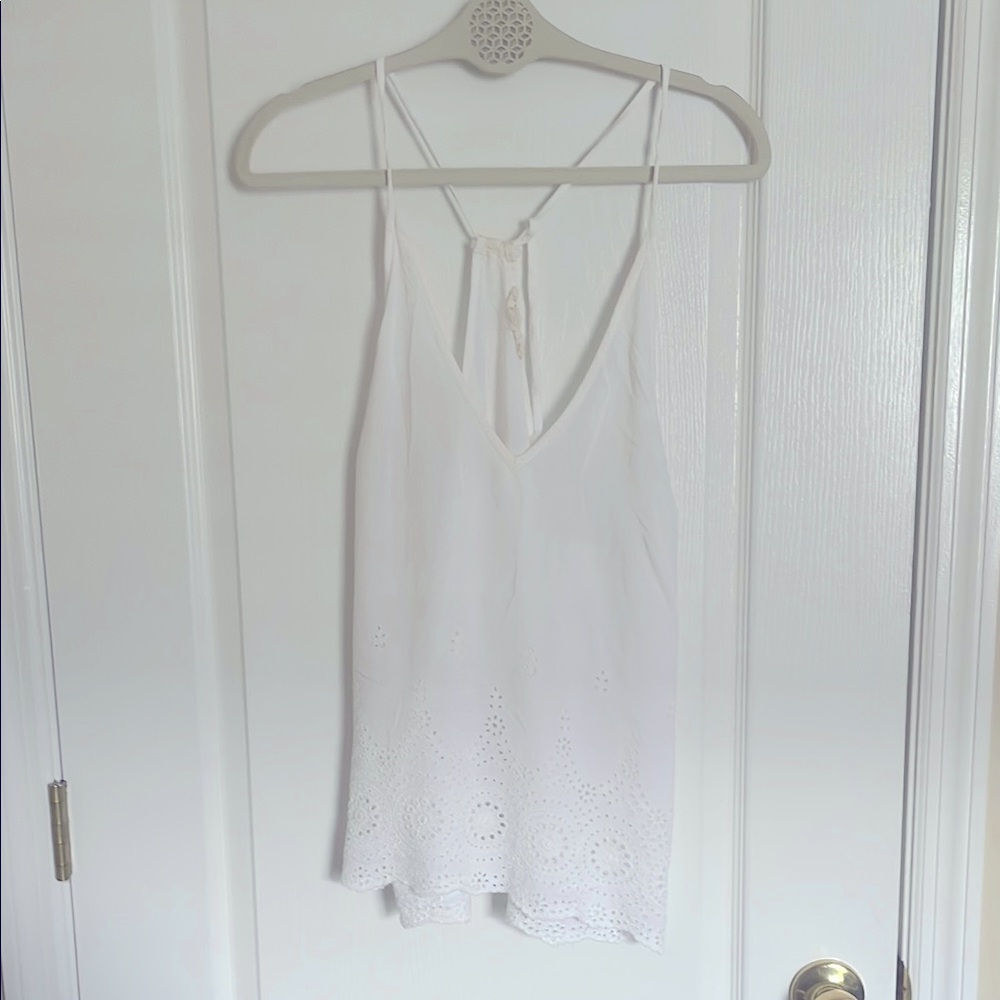 Love Stitch Eyelet White Backless Deep V Neck Flowy Top